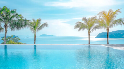 Swimming pool with clear blue water with stunning sea view and sky