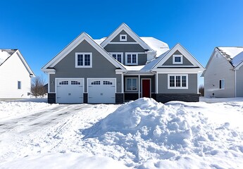 Snowy Winter Day Suburban Home Landscape