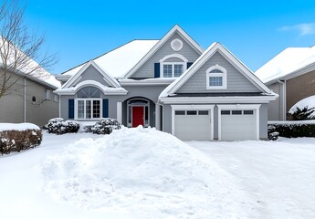 Snowy Winter Day Suburban Home Landscape