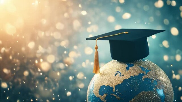 A glittery globe with a graduation cap against a background of bokeh lights, symbolizing global education and academic achievement.