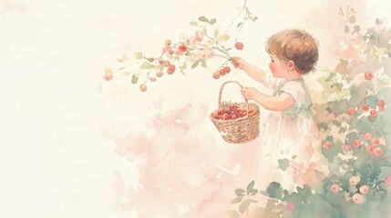 Naklejka premium Soft Watercolor Illustration of a Child Collecting Fruits in a Basket Surrounded by Delicate Blossoms and Warm Pastel Tones