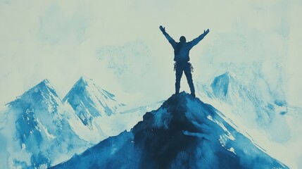 Watercolor Illustration of a Climber Triumphantly Reaching the Summit of a Mountain with Arms Raised, Surrounded by Majestic Snow-Capped Peaks in a Serene Blue Palette