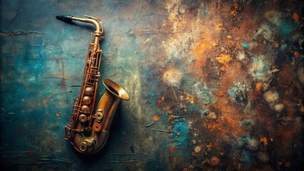Vintage Saxophone on Grunge Background - Aerial View of a Classic Instrument with Distressed Textures and Artistic Flair for Music Lovers and Vintage Aesthetics