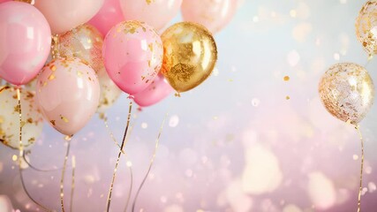 A cluster of pink and gold balloons adorned with confetti, creating a festive and celebratory atmosphere ideal for parties and events.