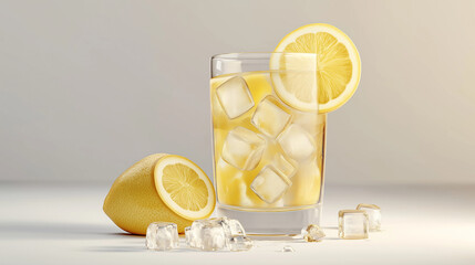 Refreshing glass of lemonade with ice cubes and a slice of lemon
