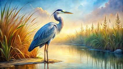 Naklejka premium Vintage Style Blue Heron Watercolor Illustration in a Serene Natural Setting, Capturing the Grace and Beauty of Wildlife with Soft Pastel Tones and Textured Brushstrokes