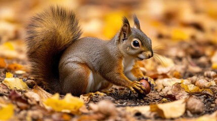 Obraz premium Squirrel Hiding Acorn in Ground Surrounded by Autumn Leaves, Capturing the Playful Nature of Wildlife in a Beautiful Forest Setting
