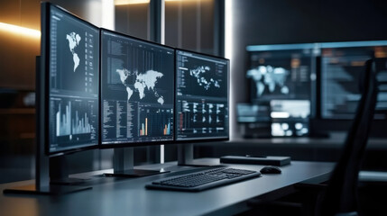 Naklejka premium High-tech office workspace with multiple monitors displaying