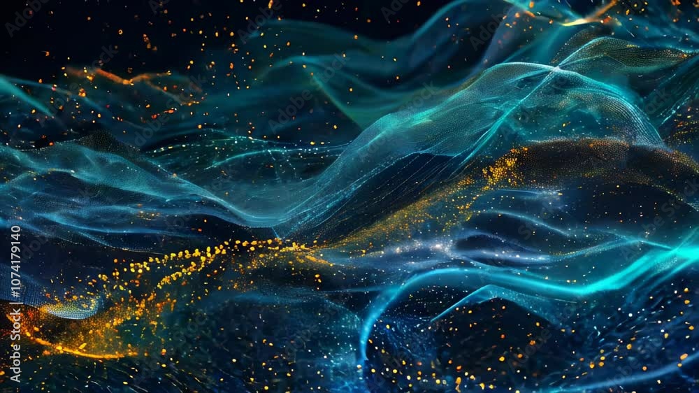 Poster dynamic digital waves in blue and gold with sparkling particles, creating a futuristic, abstract rep
