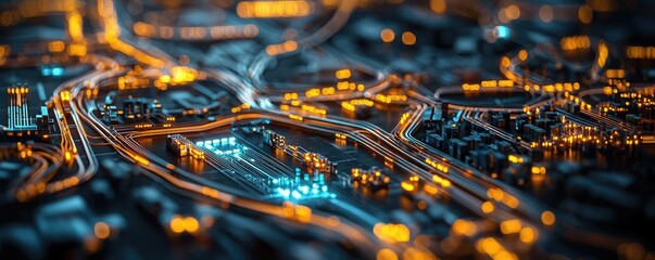 Aerial view of city lights at night, showcasing roads and buildings.