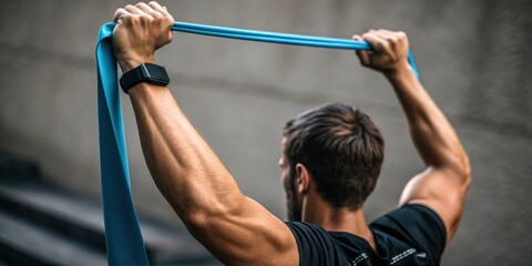 Closeup of a persons hands gripping a resistance band at shoulder height demonstrating a lateral raise. The band stretches taut emphasizing the muscle engagement in the shoulders.