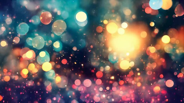 Vibrant bokeh lights in multiple colors against a dark background, creating a warm and festive atmosphere with a soft glow.