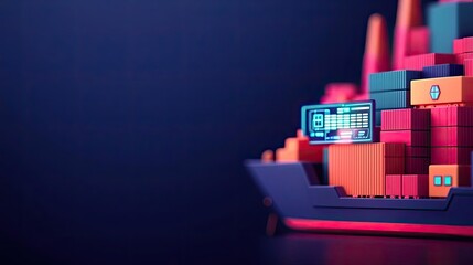 Fototapeta premium Colorful cargo ship with containers on a blue background.