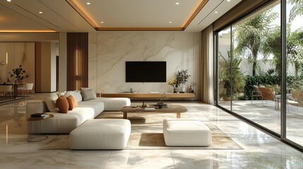 Obraz premium Modern living room with large windows, white sectional sofa, and a marble wall.