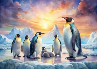 Obraz premium Vintage Style Penguin Watercolor Artistry, Featuring Charming Penguins in Soft Pastels, Evoking Nostalgia and Nature's Beauty Through Artistic Expression and Unique Design