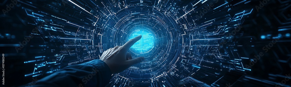 Poster A futuristic hand reaching towards a glowing blue orb amidst a swirling array of digital particles and light.
