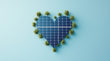 A Heart of Green Energy:  A heart-shaped solar panel, surrounded by small trees, represents the power of renewable energy and sustainable living.  