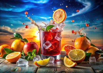 Surreal Citrus Delight: Vibrant Campari Amalfi with Ice and Fresh Citrus, Dreamy Background, Refreshing Drink, Colorful Presentation, Artistic Composition