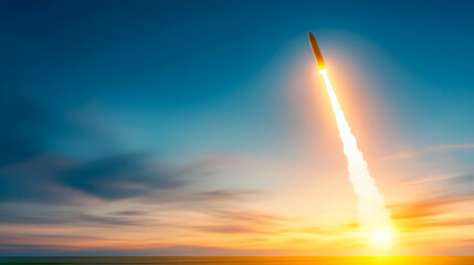 Obraz premium fiery meteor or rocket streaking across a colorful sunset sky with a glowing trail of flames