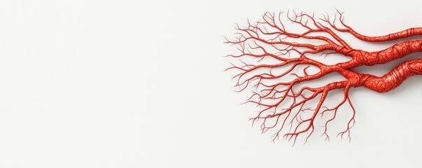 Red neuron-like structure on a white isolated background.