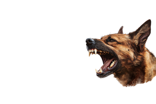 Aggressive dog with bared teeth, white isolated background.