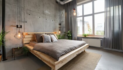 Modern bedroom with an industrial vibe, wooden bed frame, and exposed pipes.