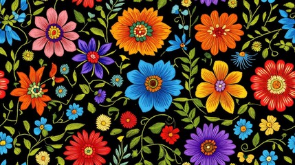 Seamless pattern of Indian traditional embroidery featuring diverse floral and leafy designs perfect for fabric and textile applications