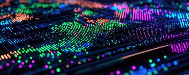 Obraz premium Colorful digital circuit board design with vibrant lights and patterns.