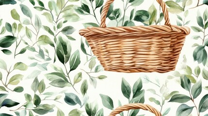 Seamless watercolor pattern featuring a beautifully illustrated wicker basket perfect for fabric design or crafting projects