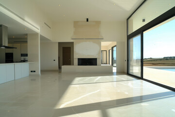 Fototapeta premium Modern minimalist style, blank living room, white color, wide angle view