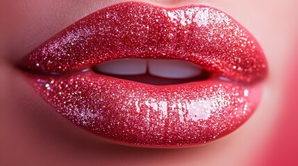 Glossy pink sparkling lips close-up for beauty