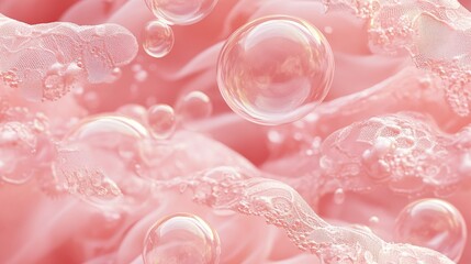 Seamless pink pattern featuring delicate soap bubbles and lace inspired textile ornament ideal for lingerie design and fabric printing