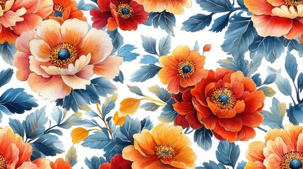 Watercolor seamless pattern featuring folk inspired flowers and leaves in ethnic style ideal for textile design and floral decorations