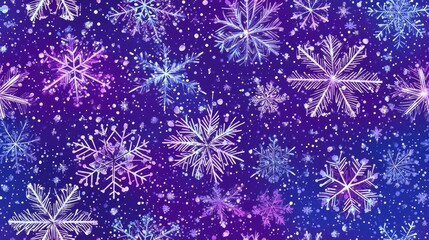 Seamless winter pattern featuring intricate snowflake designs and vibrant purple hues perfect for textile prints and seasonal decor