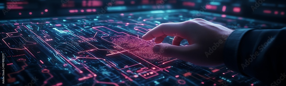Poster A hand reaches towards a glowing digital interface filled with vibrant, colorful data points, representing technology and interaction.