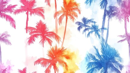 Seamless watercolor pattern of vibrant palm trees against a sunny backdrop perfect for beach themed designs tropical decor