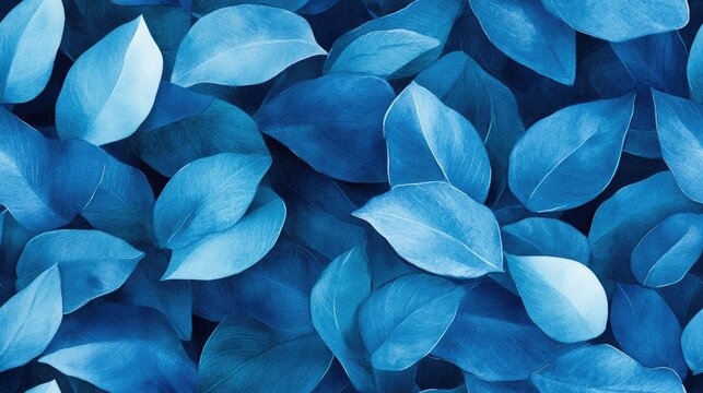 Seamless pattern of vibrant blue watercolor leaves creating a refreshing and artistic backdrop
