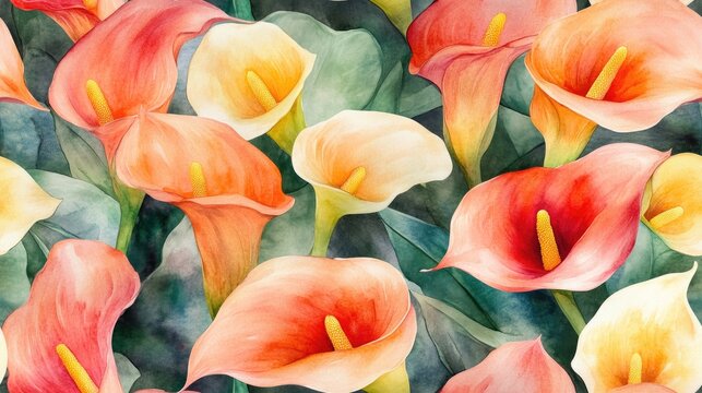 Bright watercolor calla lilies forming a seamless pattern ideal for fabric design and stationery floral art print background