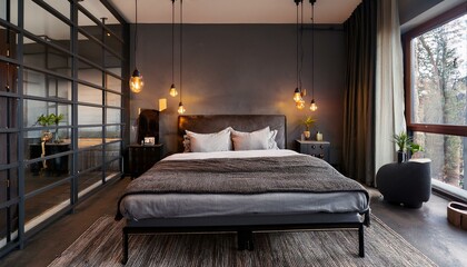 Hotel room with a modern industrial vibe, featuring metal bed frame and hanging lights.