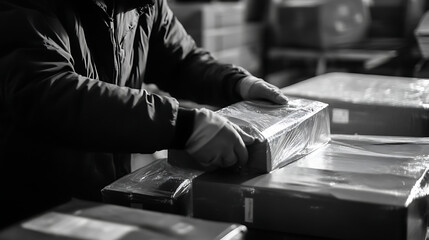 A worker preparing packages with protective materials, showing effective packaging solutions in logistics 