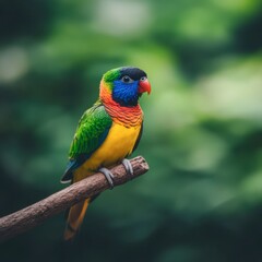 Naklejka premium Colorful Rainbow Lorikeet Perched on a Branch Against a Lush Green Background Capturing the Beauty of Exotic Birds in Nature