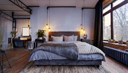 Interior of a bedroom with a bed and a soft industrial style.