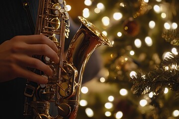 Close-up of a person playing a saxophone in front of a Christmas tree with lights.