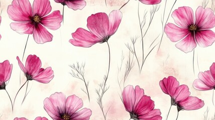 Seamless pattern of hand painted pink cosmos flowers on a delicate background floral design suitable for textile and wallpaper applications