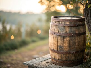 Naklejka premium Weathered Wooden Barrel Adventure Story with Bokeh Effect Isolated on White Background, Rustic Charm, Vintage Appeal, Captivating Details, Perfect for Storytelling and Backgrounds