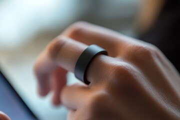 A person wearing a black smart ring on their finger.