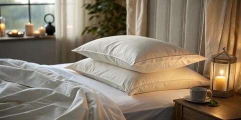 Cozy bedroom scene A peaceful closeup of a pillow and sheets in a softly lit bedroom conveying a sense of rest and the importance of quality sleep.