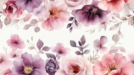 Seamless watercolor pattern featuring delicate violet and pink flower bouquets perfect for fabric design and home decor