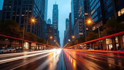 Obraz premium light line speed race on the street building city