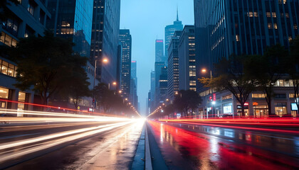 Obraz premium light line speed race on the street building city